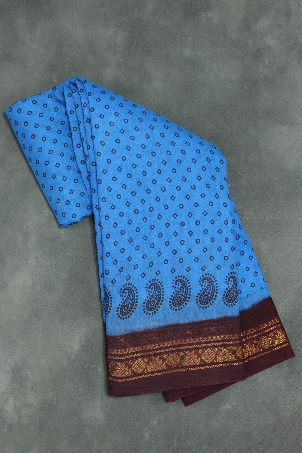 Blue & Brown Printed Poly Cotton Saree - Soft Lightweight 5.5m Saree JCS Fashions