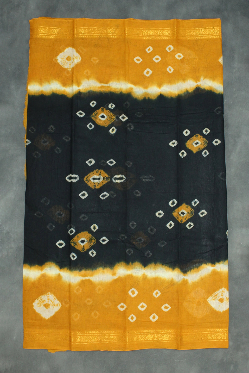 Black & Mustard Sungudi Cotton Bandhani Saree with Golden Zari Border Saree JCS Fashions