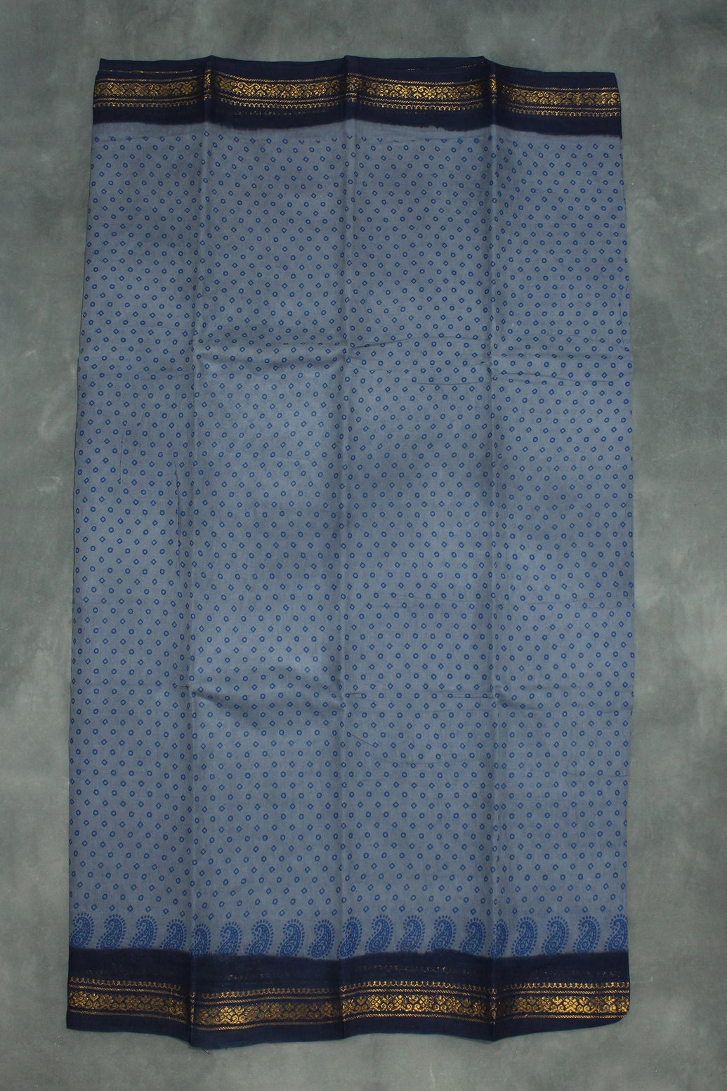 Grey Poly-Cotton Printed Saree with Navy Blue Border & Gold-Tone Motif Saree JCS Fashions