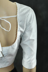 Readymade Padded White Raw Silk Blouse - Elbow Sleeve with Back Knot Blouse JCS Fashions