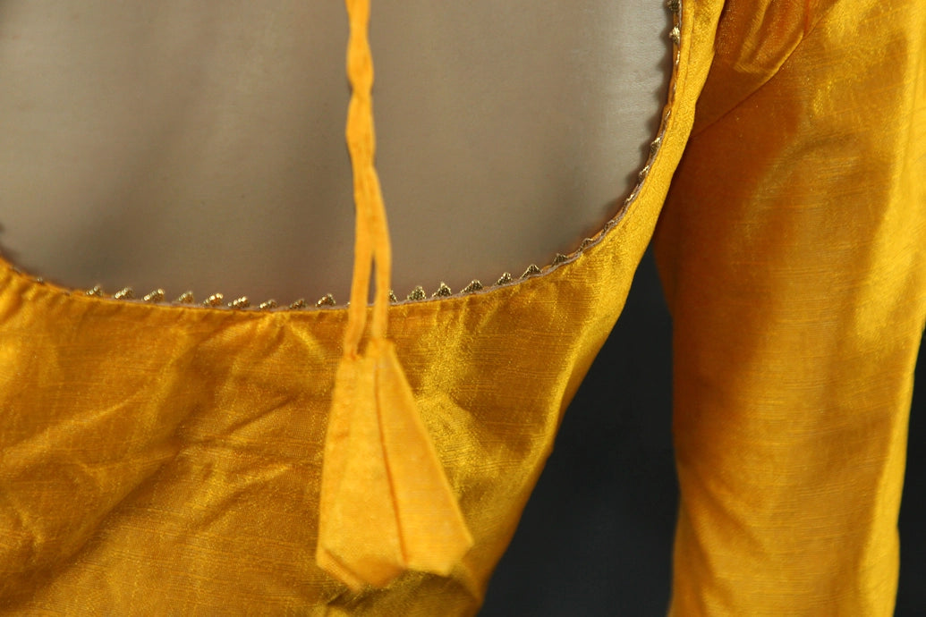 Readymade Padded Yellow Raw Silk Blouse - Elbow Sleeve with Back Knot Blouse JCS Fashions