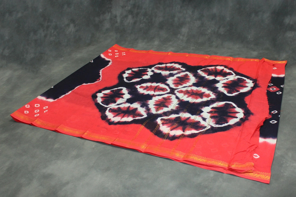 Sungudi Cotton Bandhani Saree with Golden Zari Border - Orange, 5.5m Saree JCS Fashions