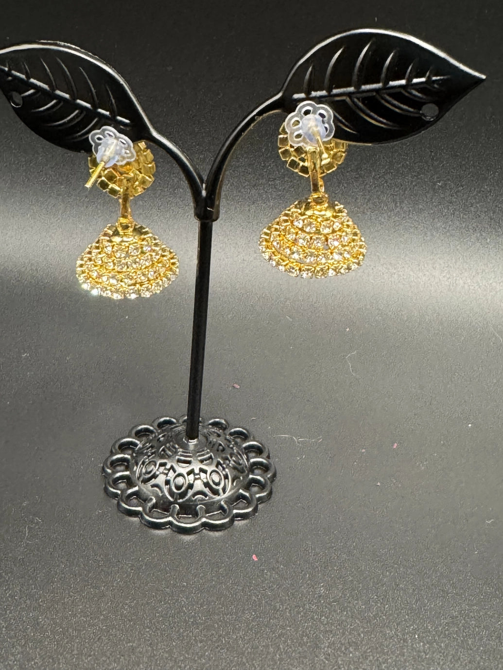 Gold-Look Leaf Design Crystal Jhumka Earrings for Women — Bridal & Party Fashion Jewellery with White Stones, 1.5 inch