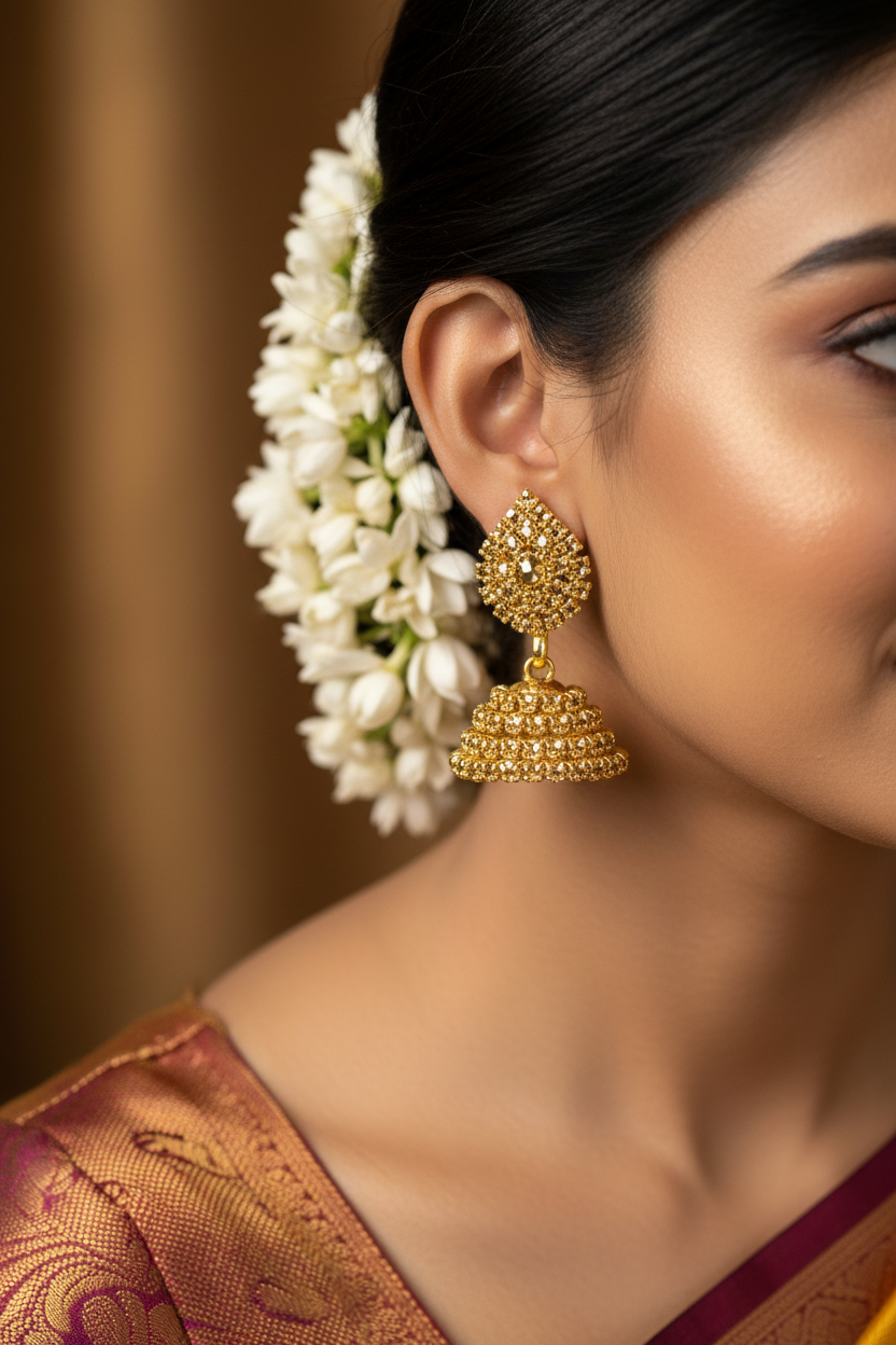 Gold-Tone Stone Jhumka Earrings - Traditional Jhumki