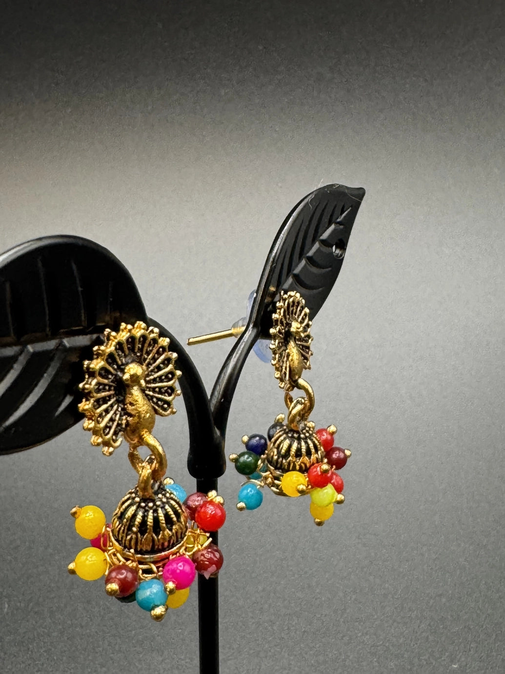 Peacock Motif Jhumka Earrings with Multicolor Bead Fringe - Antique Gold-Tone Fashion Jewellery