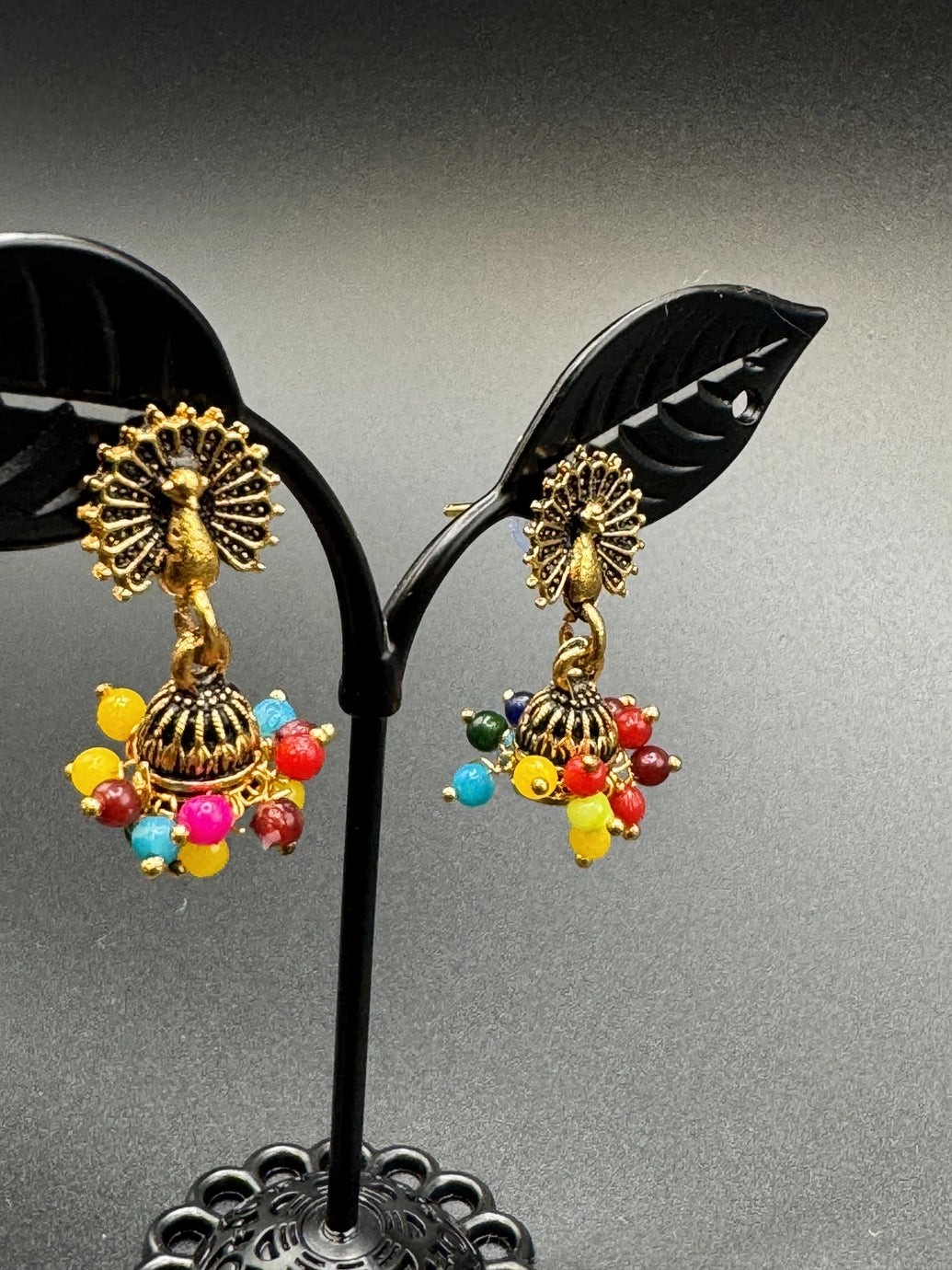 Peacock Motif Jhumka Earrings with Multicolor Bead Fringe - Antique Gold-Tone Fashion Jewellery