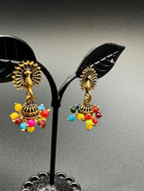 Peacock Motif Jhumka Earrings with Multicolor Bead Fringe - Antique Gold-Tone Fashion Jewellery Jewelry JCS Fashions