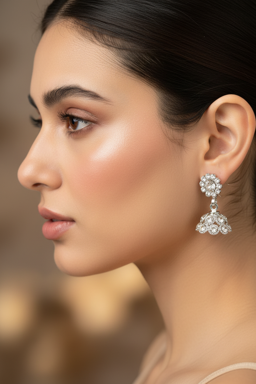 Silver Finish Crystal Jhumka Earrings for Women