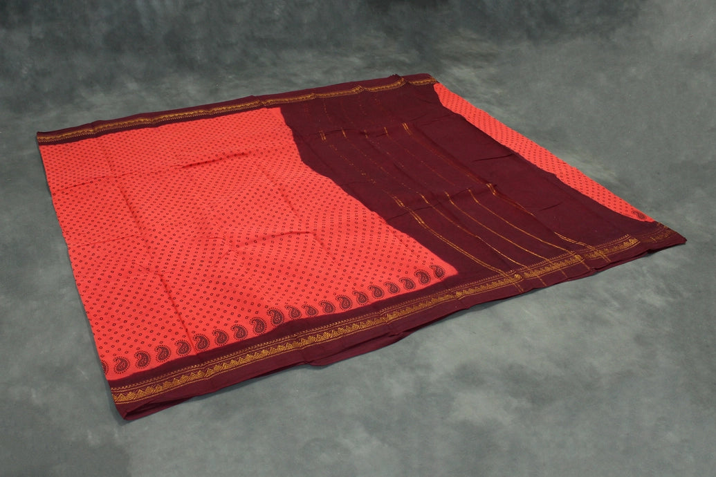 Red Poly Cotton Printed Saree with Maroon Gold Border - 5.5m Saree JCS Fashions