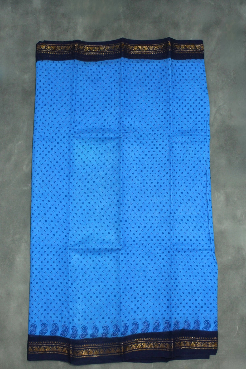 Blue Poly Cotton Printed Saree with Navy Golden Border - 5.5m