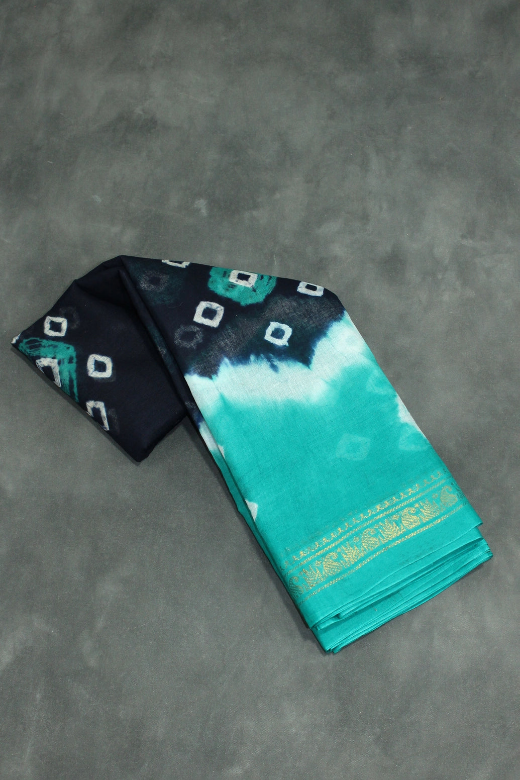 Bandhani Sungudi Cotton Saree with Golden Zari Border-Navy Blue & Teal Saree JCS Fashions