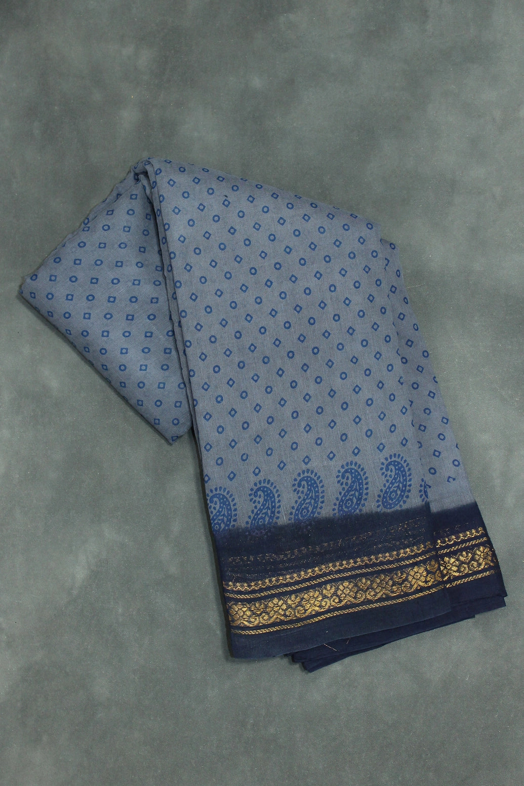 Grey Poly-Cotton Printed Saree with Navy Blue Border & Gold-Tone Motif Saree JCS Fashions