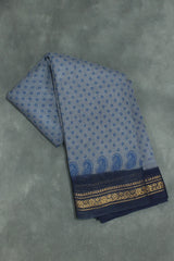 Grey Poly-Cotton Printed Saree with Navy Blue Border & Gold-Tone Motif Saree JCS Fashions