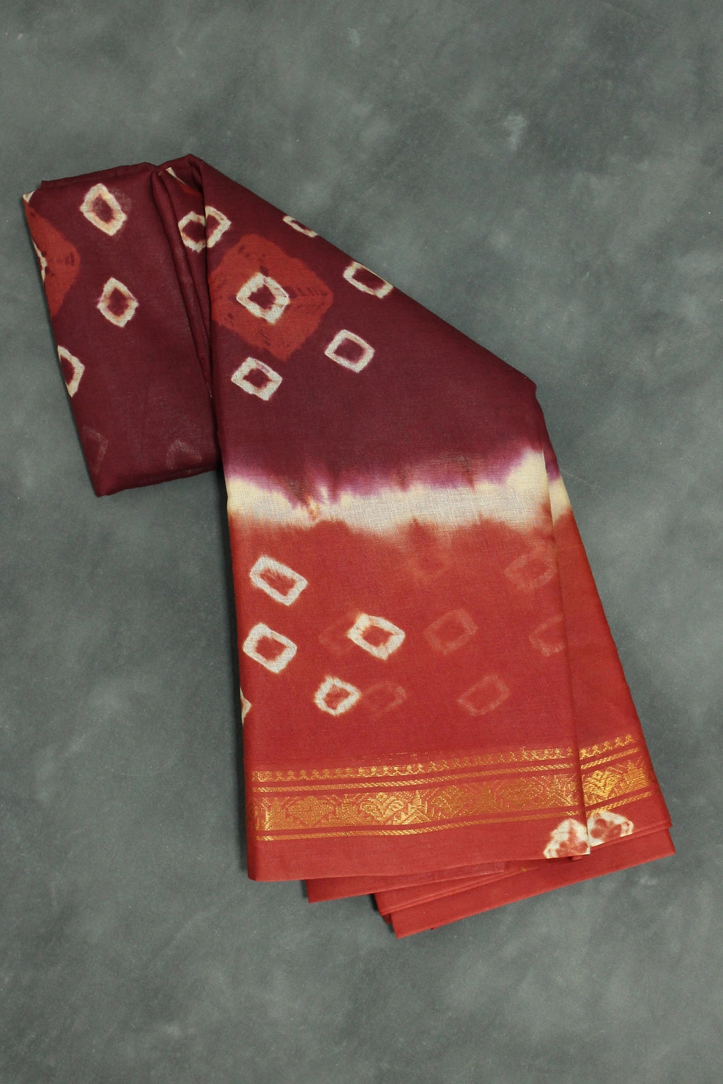 Maroon Bandhani Sungudi Cotton Saree with Golden Zari Border - 5.5m Saree JCS Fashions