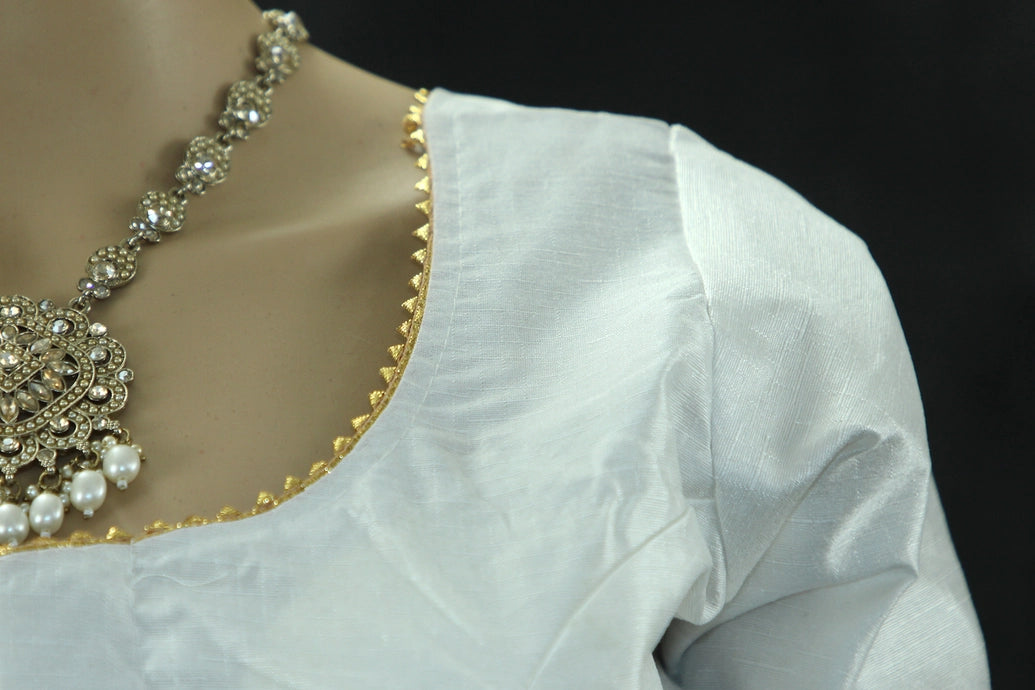 Readymade Padded White Raw Silk Blouse - Elbow Sleeve with Back Knot Blouse JCS Fashions