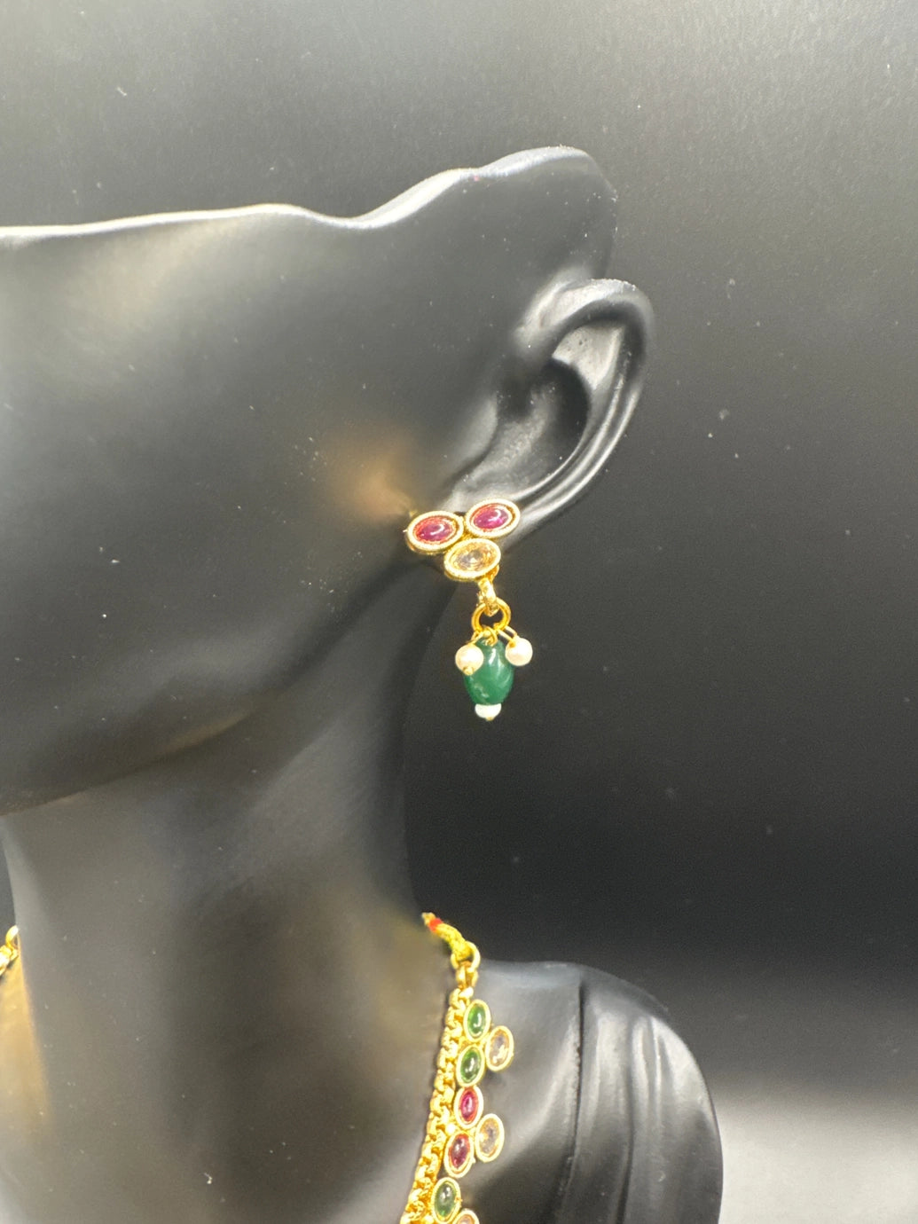 Traditional Gold-Tone Red & Green Stone Indian Necklace Set with Matching Earrings for Weddings & Festivals Jewelry JCS Fashions