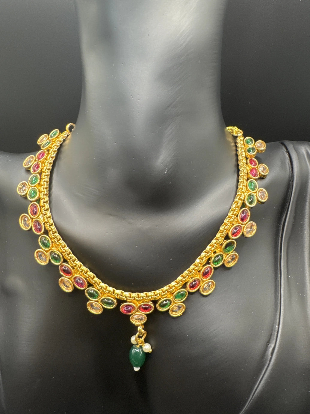 Traditional Gold-Tone Red & Green Stone Indian Necklace Set with Matching Earrings for Weddings & Festivals Jewelry JCS Fashions