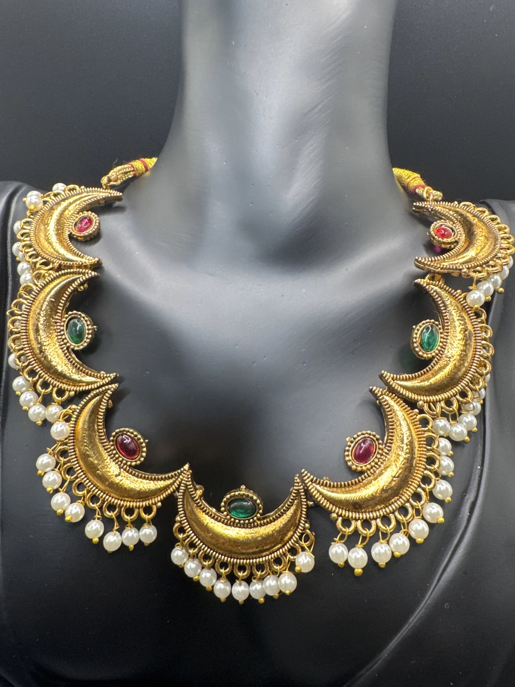Gold-Tone Temple Neck Set with Green & Pink Stones, Imitation Pearls & Matching Earrings