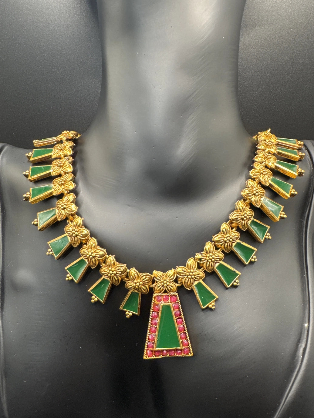Gold-Tone Floral Neckset with Green & Red Stones - Traditional Ethnic Brass Look Necklace Set for Sarees & Ethnic Wear