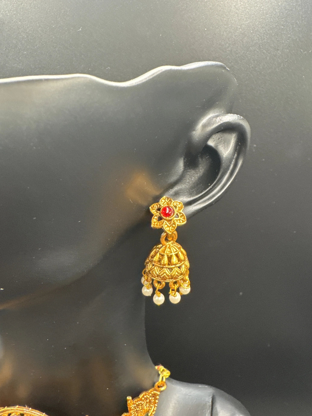 Gold-Tone Temple Choker Necklace Set with Red & Green Stones and Pearl Drops