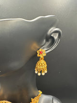 Gold-Tone Temple Choker Necklace Set with Red & Green Stones and Pearl Drops Jewelry JCS Fashions