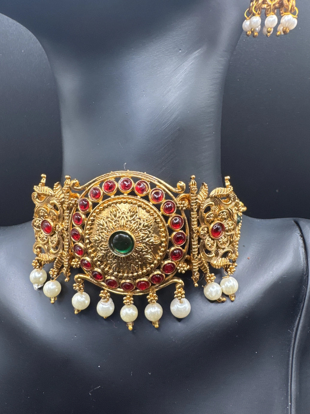 Gold-Tone Temple Choker Necklace Set with Red & Green Stones and Pearl Drops
