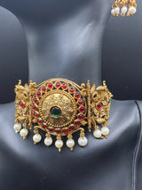 Gold-Tone Temple Choker Necklace Set with Red & Green Stones and Pearl Drops Jewelry JCS Fashions