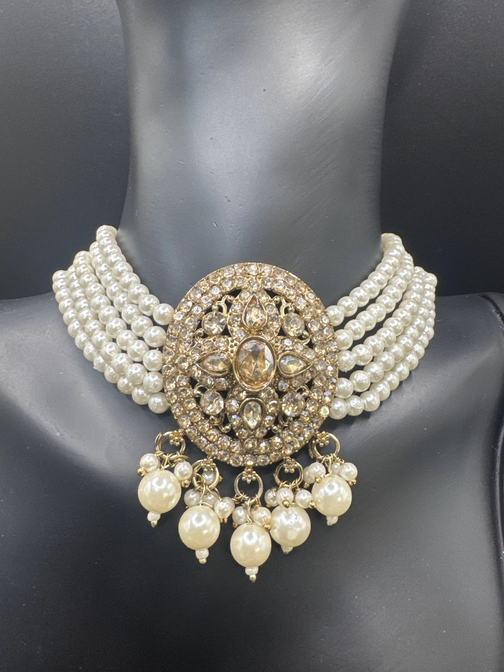 Gold-Tone Pearl Choker Necklace Set with Crystal-Studded Oval Centerpiece, Pearl Drops and Matching Earrings – 9 Inch