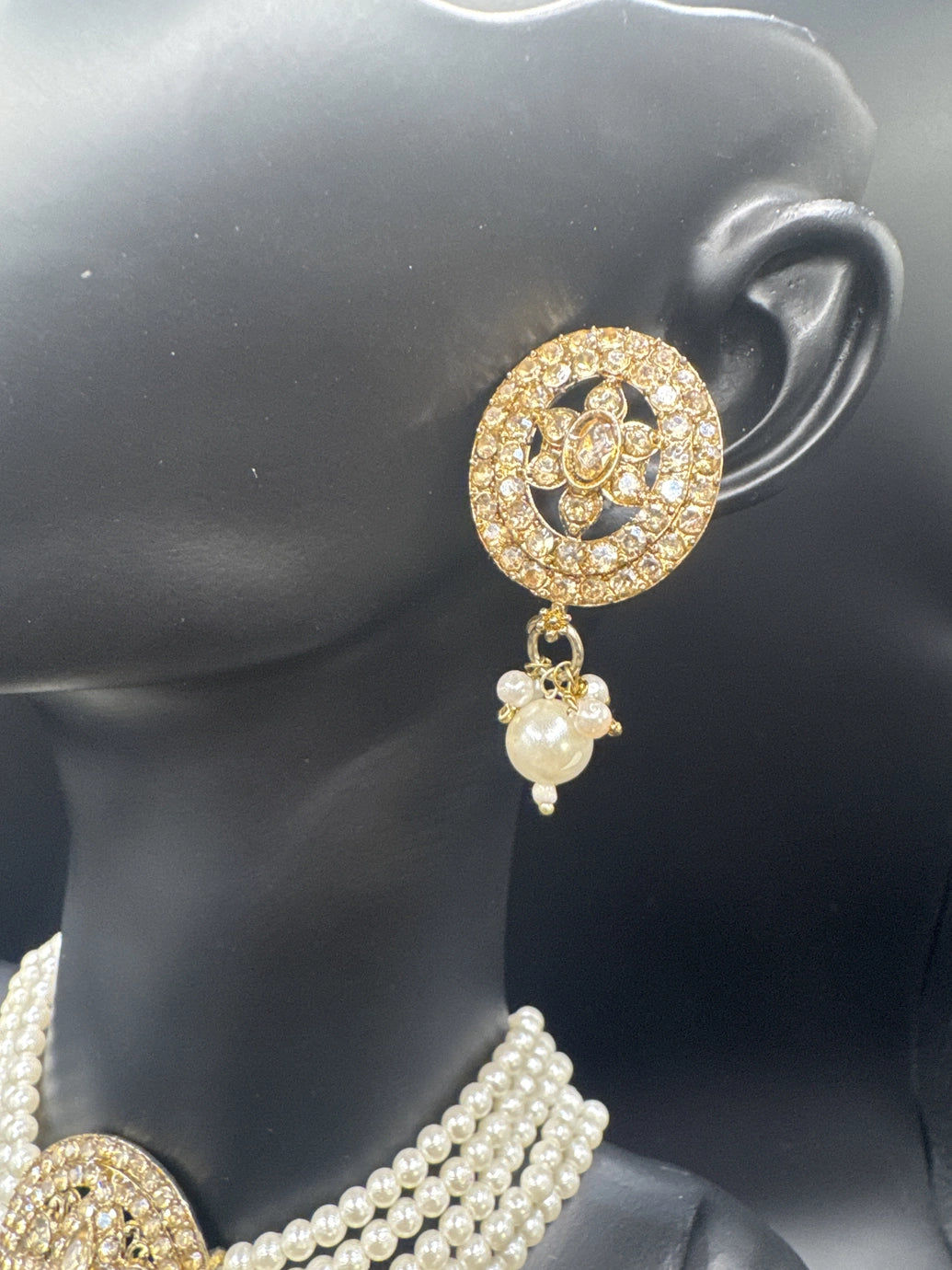 Gold-Tone Pearl Choker Necklace Set with Crystal-Studded Oval Centerpiece, Pearl Drops and Matching Earrings – 9 Inch