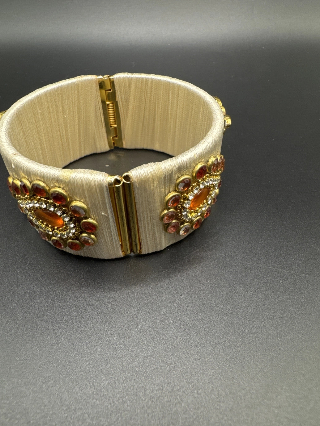 Beige Silk Thread Kundan Kada Bracelet - Open-Close Wide Ethnic Bangle for Festival & Casual Wear, Gold-Tone Kundan Stone Work for Women Girls Kids