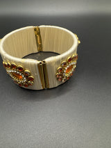 Beige Silk Thread Kundan Kada Bracelet - Open-Close Wide Ethnic Bangle for Festival & Casual Wear, Gold-Tone Kundan Stone Work for Women Girls Kids Jewelry JCS Fashions