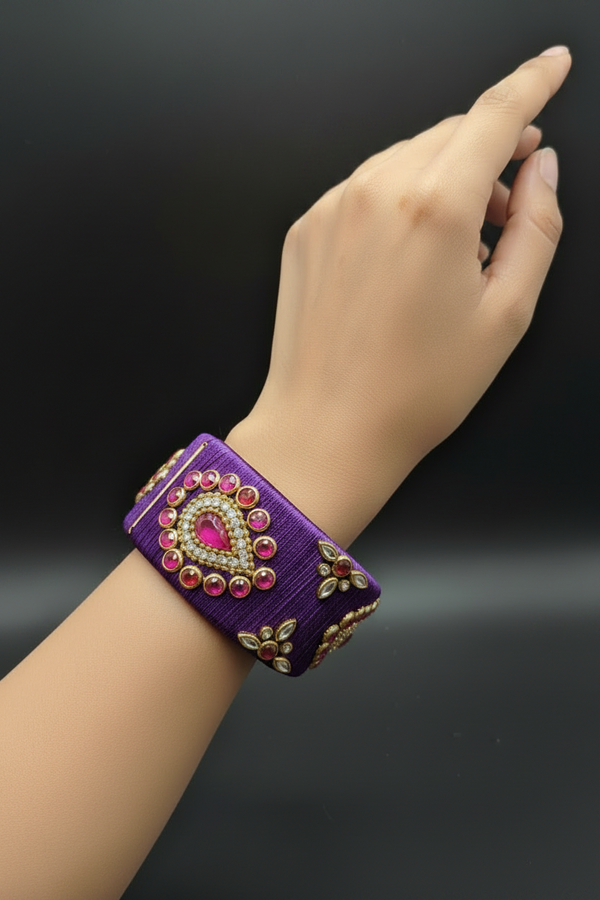 Purple Silk Thread Kundan Stone Open-Close Kada