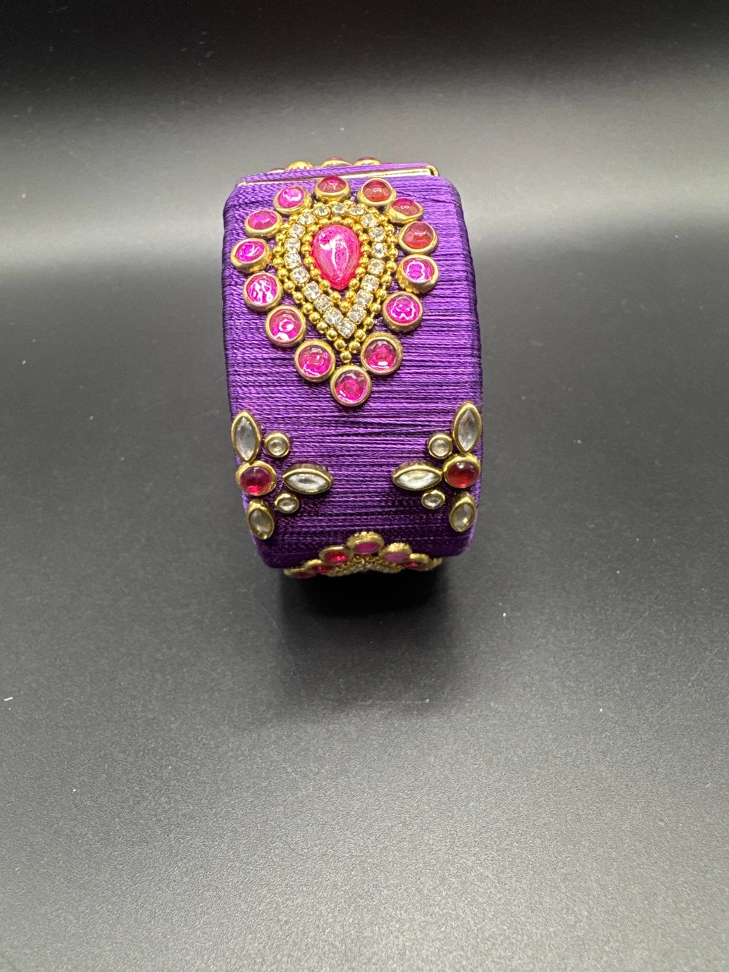 Purple Silk Thread Kundan Stone Open-Close Kada Bracelet - Wide Silk Bangle for Women Girls Kids