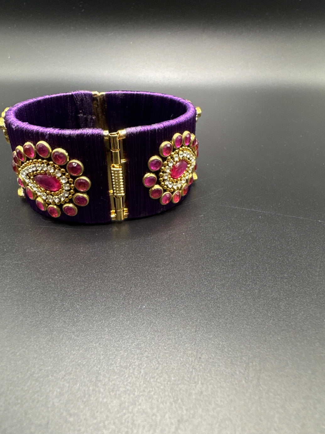 Purple Silk Thread Kundan Stone Open-Close Kada Bracelet - Wide Silk Bangle for Women Girls Kids