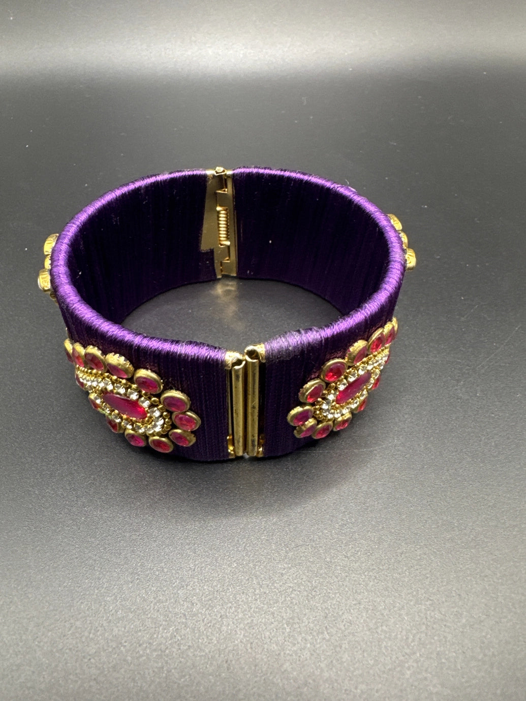 Purple Silk Thread Kundan Stone Open-Close Kada Bracelet - Wide Silk Bangle for Women Girls Kids