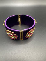 Purple Silk Thread Kundan Stone Open-Close Kada Bracelet - Wide Silk Bangle for Women Girls Kids Jewelry JCS Fashions