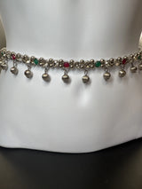 Silver-Tone Oxidized Ghungroo Hip Chain with Green & Pink Stones - Adjustable Traditional Hip Belt Jewelry JCS Fashions