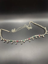 Silver-Tone Oxidized Ghungroo Hip Chain with Green & Pink Stones - Adjustable Traditional Hip Belt Jewelry JCS Fashions