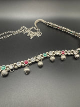 Silver-Tone Oxidized Ghungroo Hip Chain with Green & Pink Stones - Adjustable Traditional Hip Belt Jewelry JCS Fashions