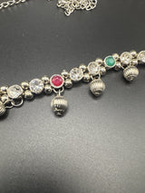 Silver-Tone Oxidized Ghungroo Hip Chain with Green & Pink Stones - Adjustable Traditional Hip Belt Jewelry JCS Fashions