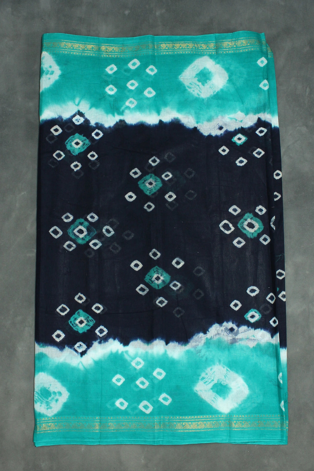 Bandhani Sungudi Cotton Saree with Golden Zari Border-Navy Blue & Teal Saree JCS Fashions