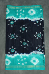 Bandhani Sungudi Cotton Saree with Golden Zari Border-Navy Blue & Teal Saree JCS Fashions