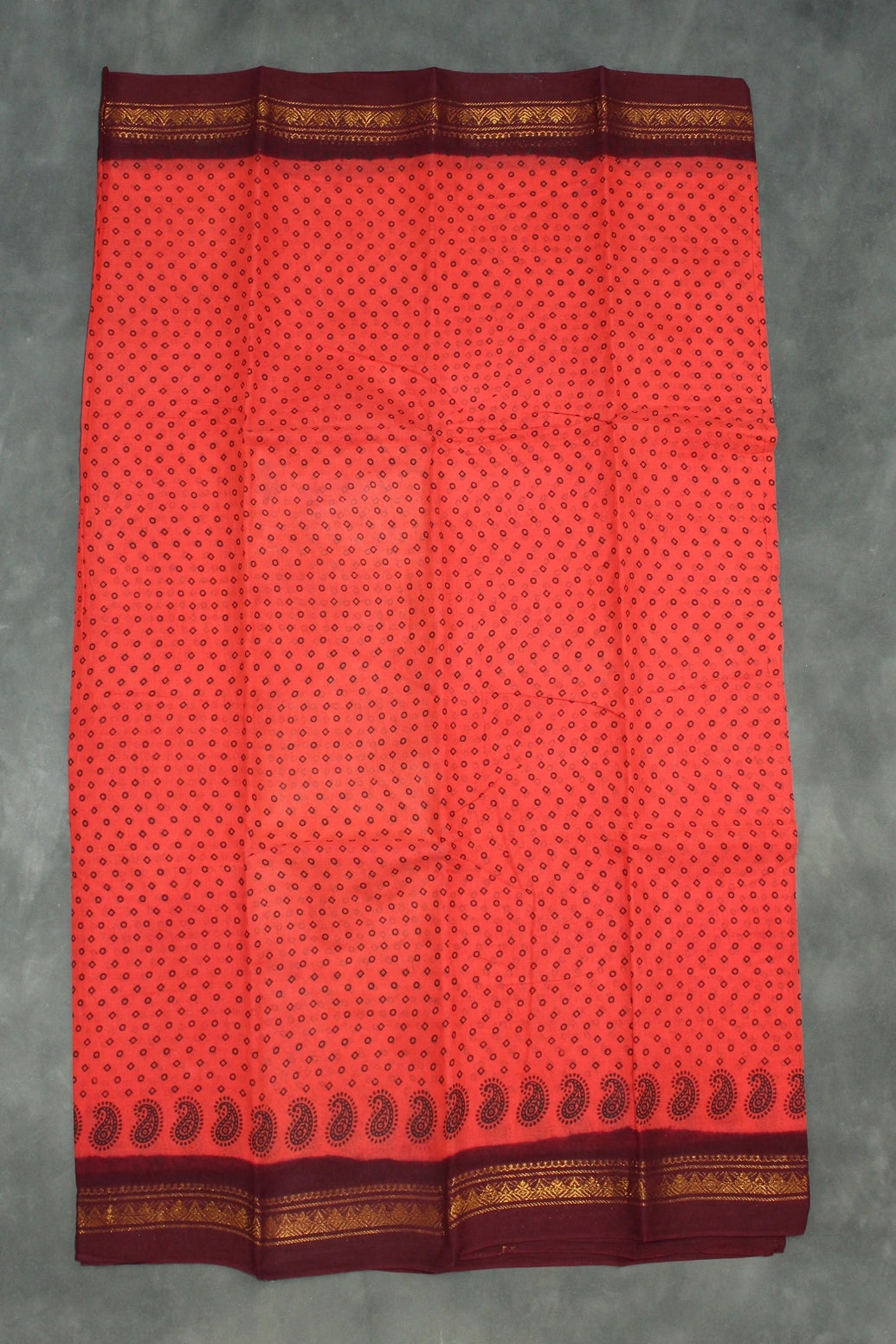 Red Poly Cotton Printed Saree with Maroon Gold Border - 5.5m Saree JCS Fashions