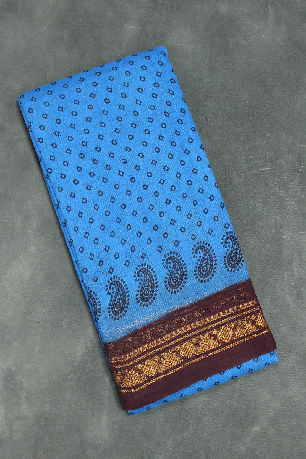 Blue & Brown Printed Poly Cotton Saree - Soft Lightweight 5.5m Saree JCS Fashions