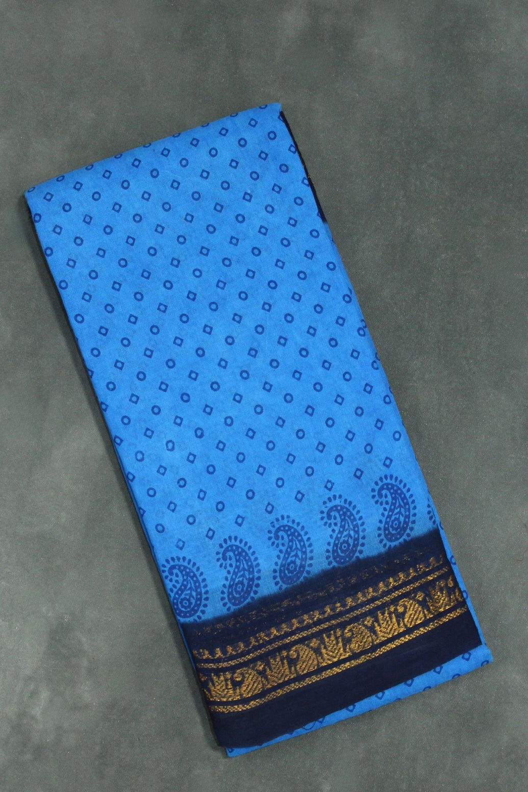 Blue Poly Cotton Printed Saree with Navy Golden Border - 5.5m