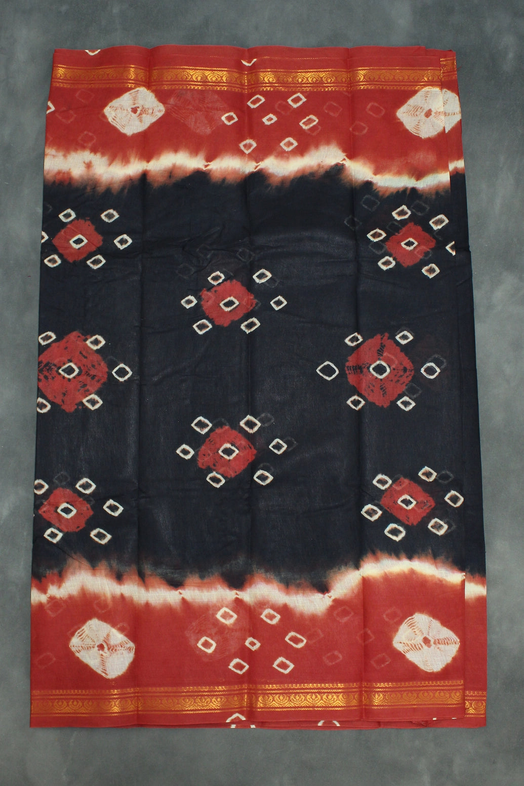 Sungudi Cotton Bandhani Saree with Golden Zari Border - Black & Brown Saree JCS Fashions