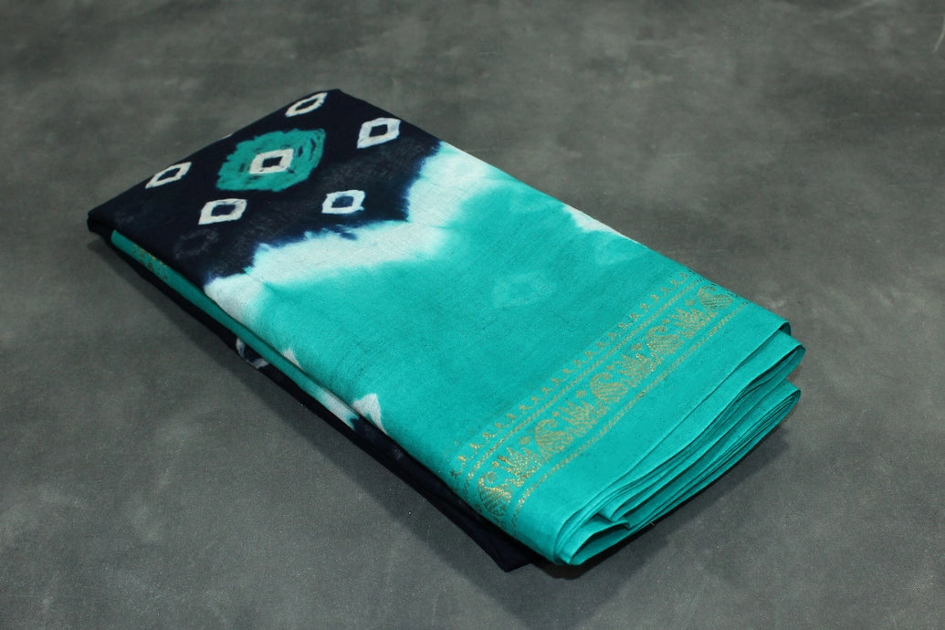 Bandhani Sungudi Cotton Saree with Golden Zari Border-Navy Blue & Teal Saree JCS Fashions