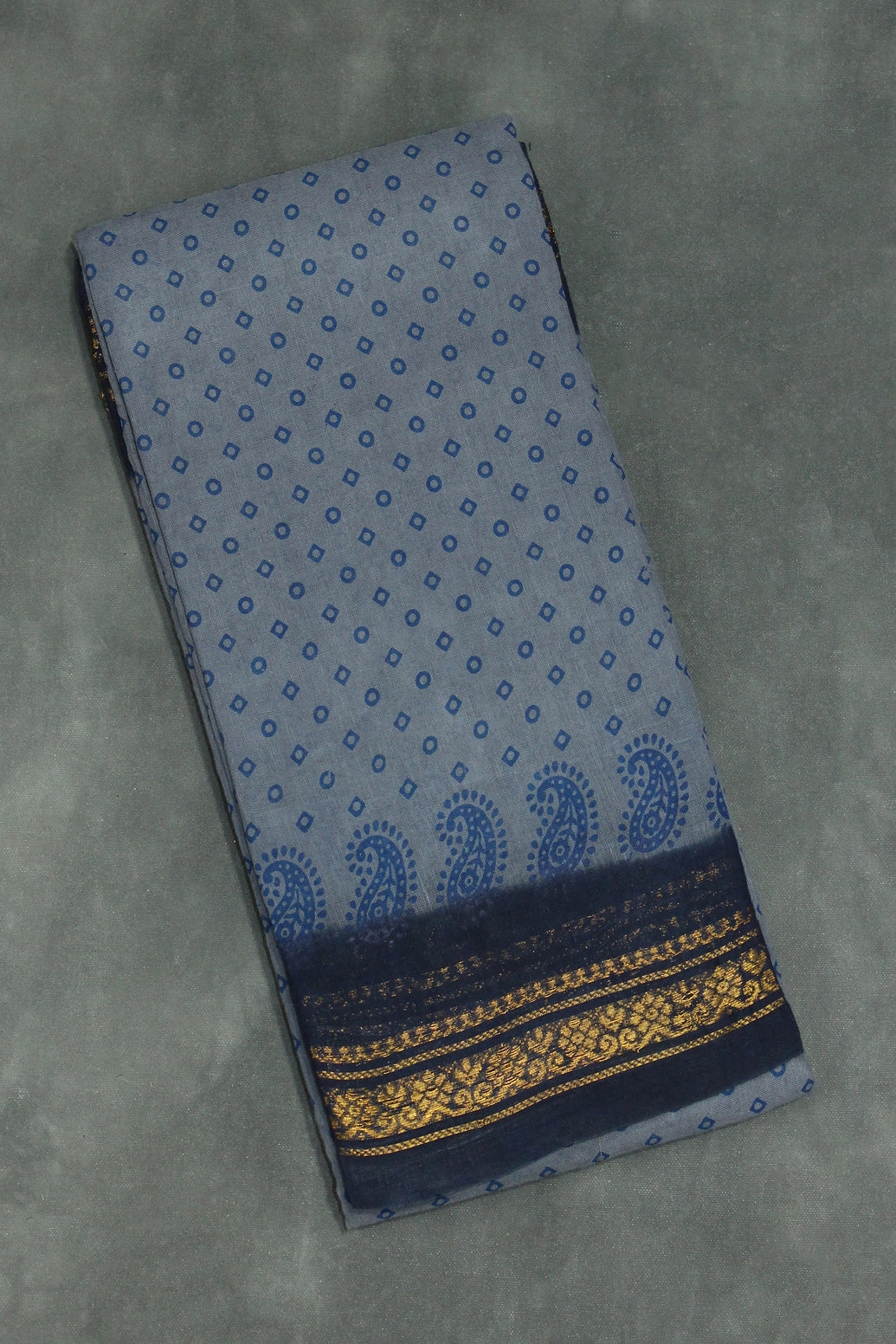 Grey Poly-Cotton Printed Saree with Navy Blue Border & Gold-Tone Motif Saree JCS Fashions