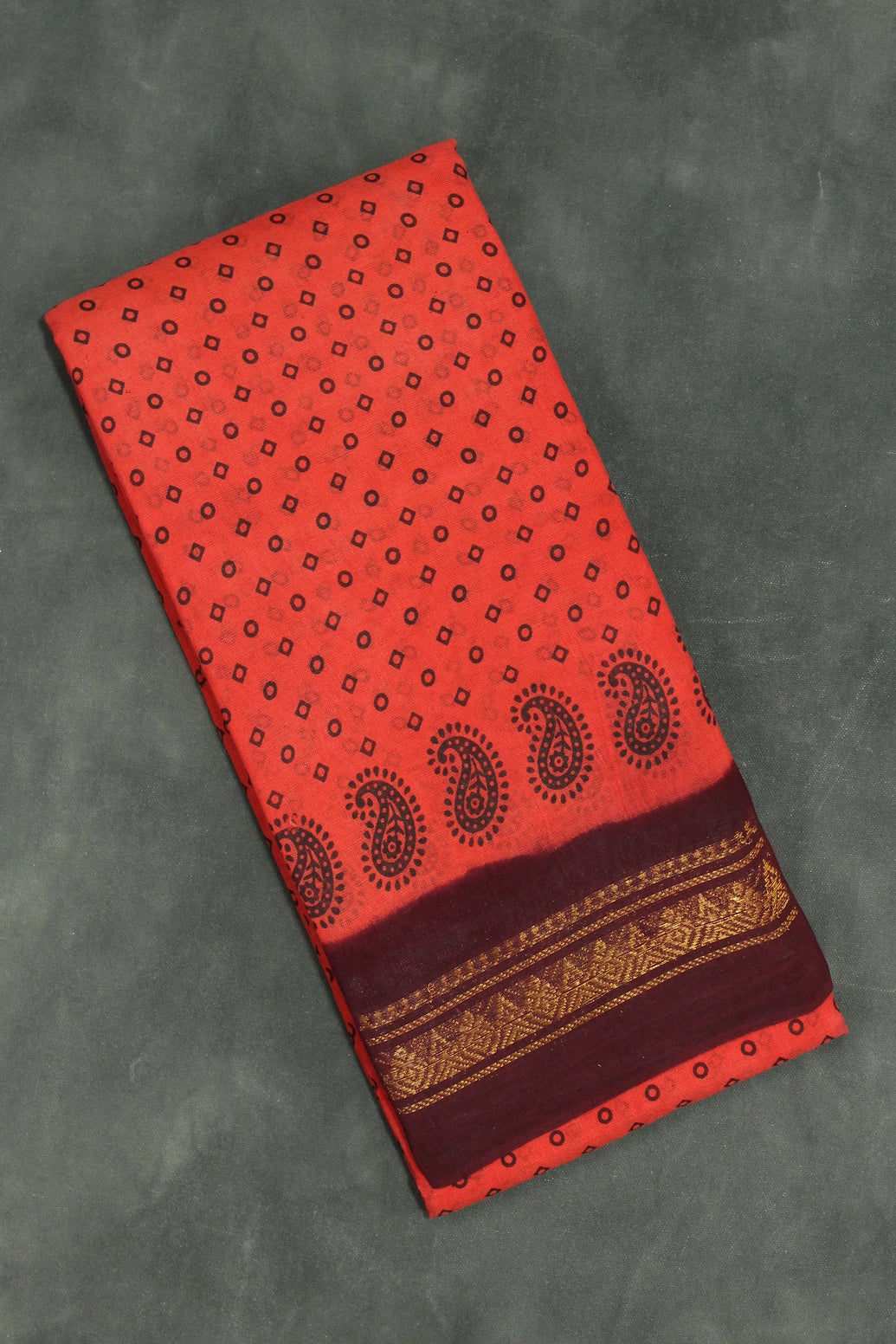 Red Poly Cotton Printed Saree with Maroon Gold Border - 5.5m Saree JCS Fashions
