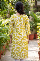 Olive Green Floral Cotton Kurti with Lace Details and Wooden Buttons